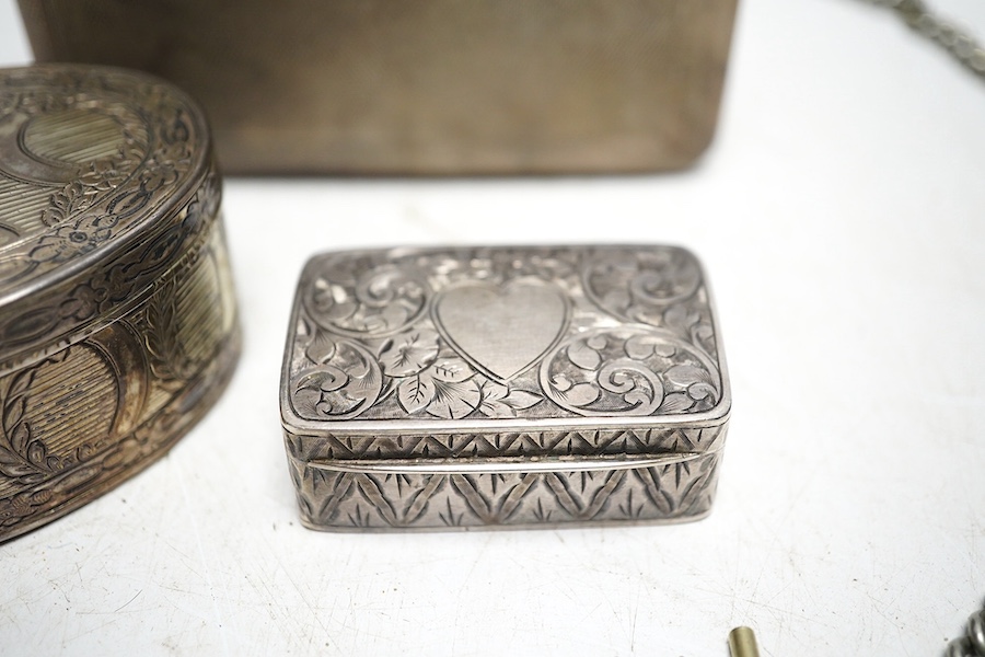 A 19th century Continental white metal oval snuff box, 7cm wide, 89g, a silver snuff or pill box, makers mark R & B, Birmingham 1899, 34g, a silver cigarette case, by Mappin and Webb, Birmingham 1933, 115g and a silver m